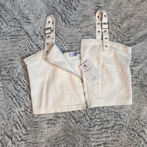 Stylish White Denim Crop Top with Buckle Straps
